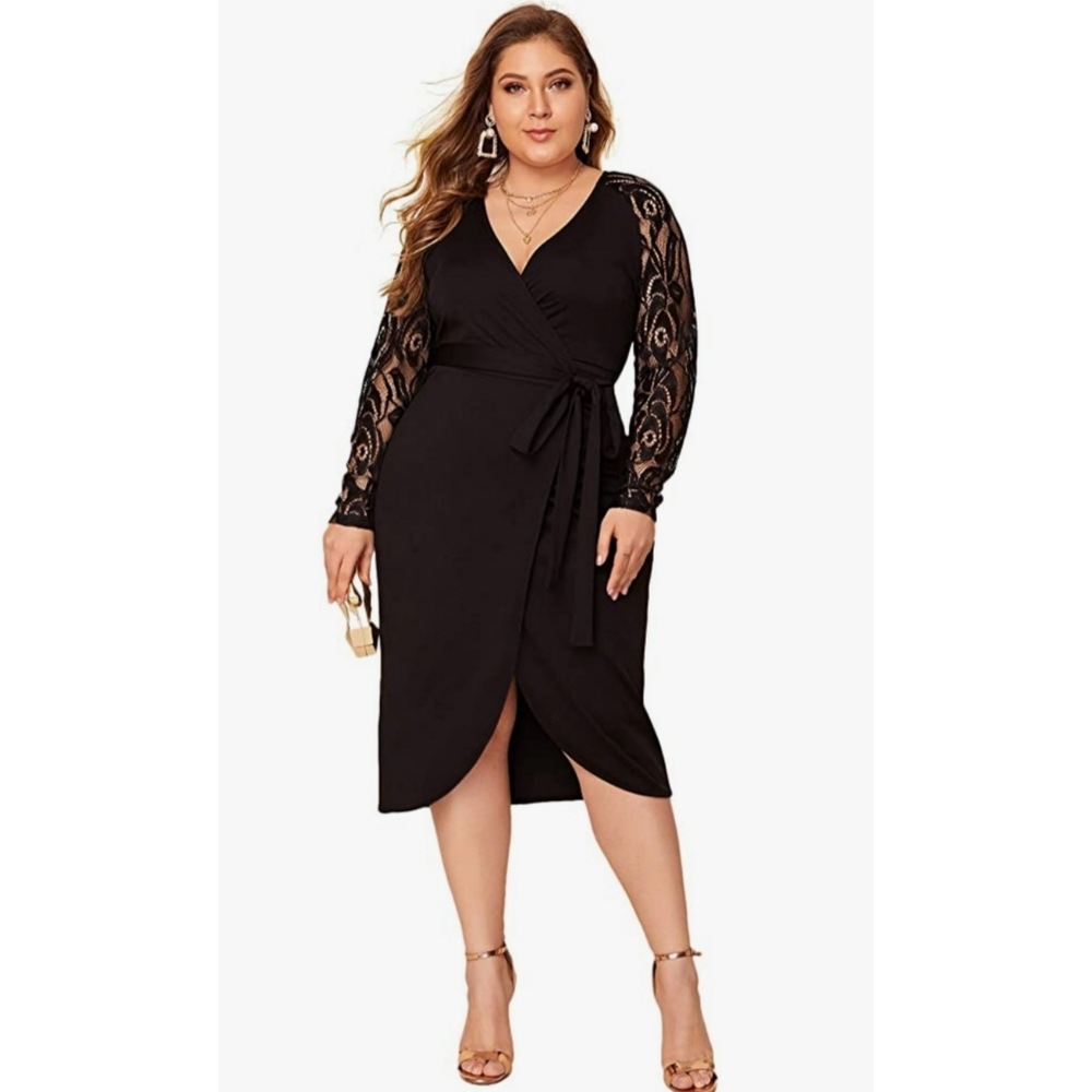 Long Sleeve Black Wrap Dress with Lace Sleeves.